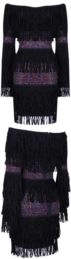 Crystal-Embellished Off-the-Shoulder Fringed Mini Dress *Low Stock*