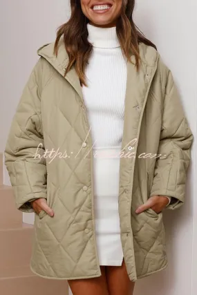 Diamond Quilted Button Pocket Hooded Long Sleeve Coat