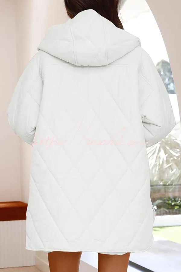 Diamond Quilted Button Pocket Hooded Long Sleeve Coat