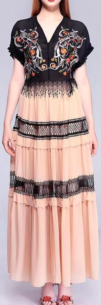 Embroidered Fringed Tiered Dress