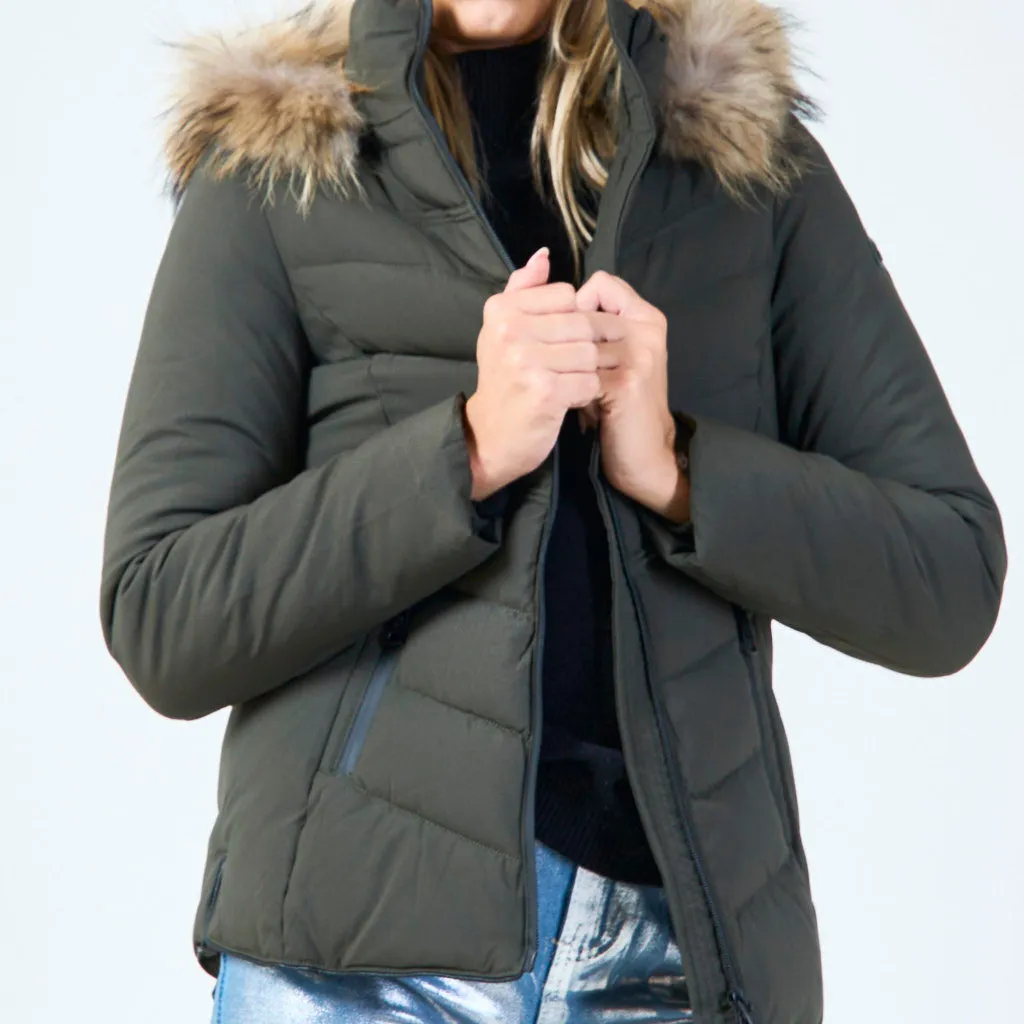 Fitted quilted jacket with faux fur hood wholesale