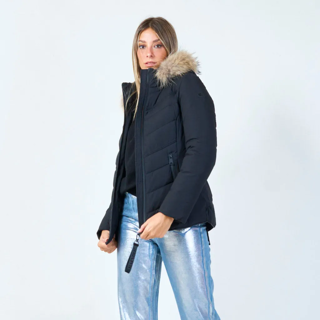 Fitted quilted jacket with faux fur hood wholesale