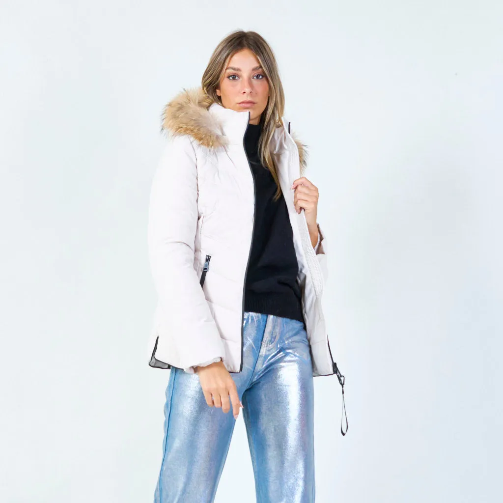 Fitted quilted jacket with faux fur hood wholesale