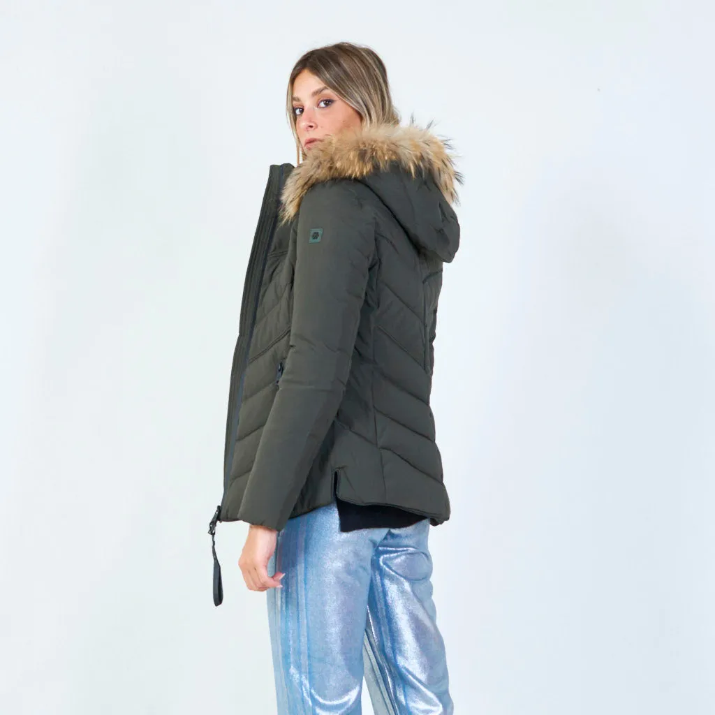 Fitted quilted jacket with faux fur hood wholesale