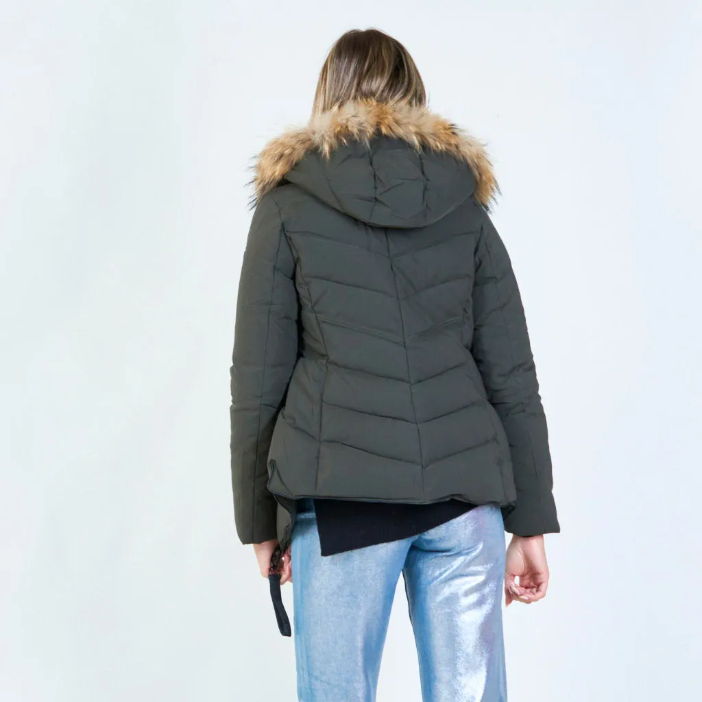 Fitted quilted jacket with faux fur hood wholesale