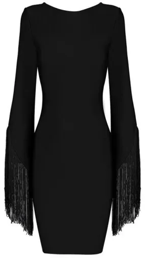 Fringed Sleeves Backless Bandage Dress in Black