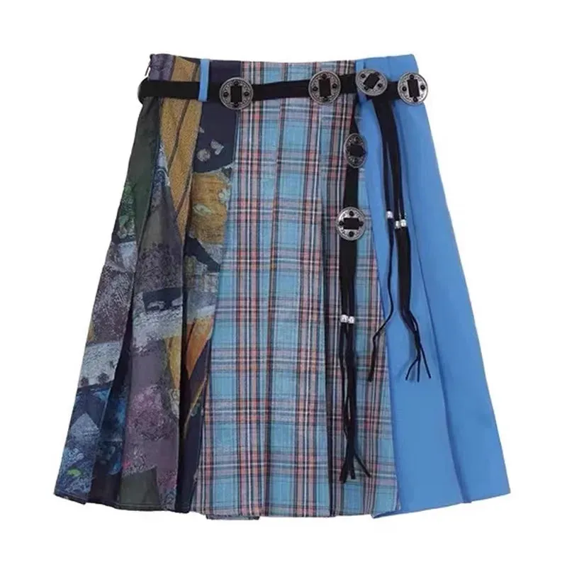 Girlary Vintage Women Skirts Patchwork Print Plaid High Waist Pleated A-line Skirt Summer Korean Fashion Hot Girls Female Punk Clothes