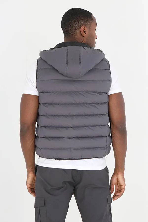 GREY ZIP THROUGH CHEVRON QUILT PADDED HOODED GILET