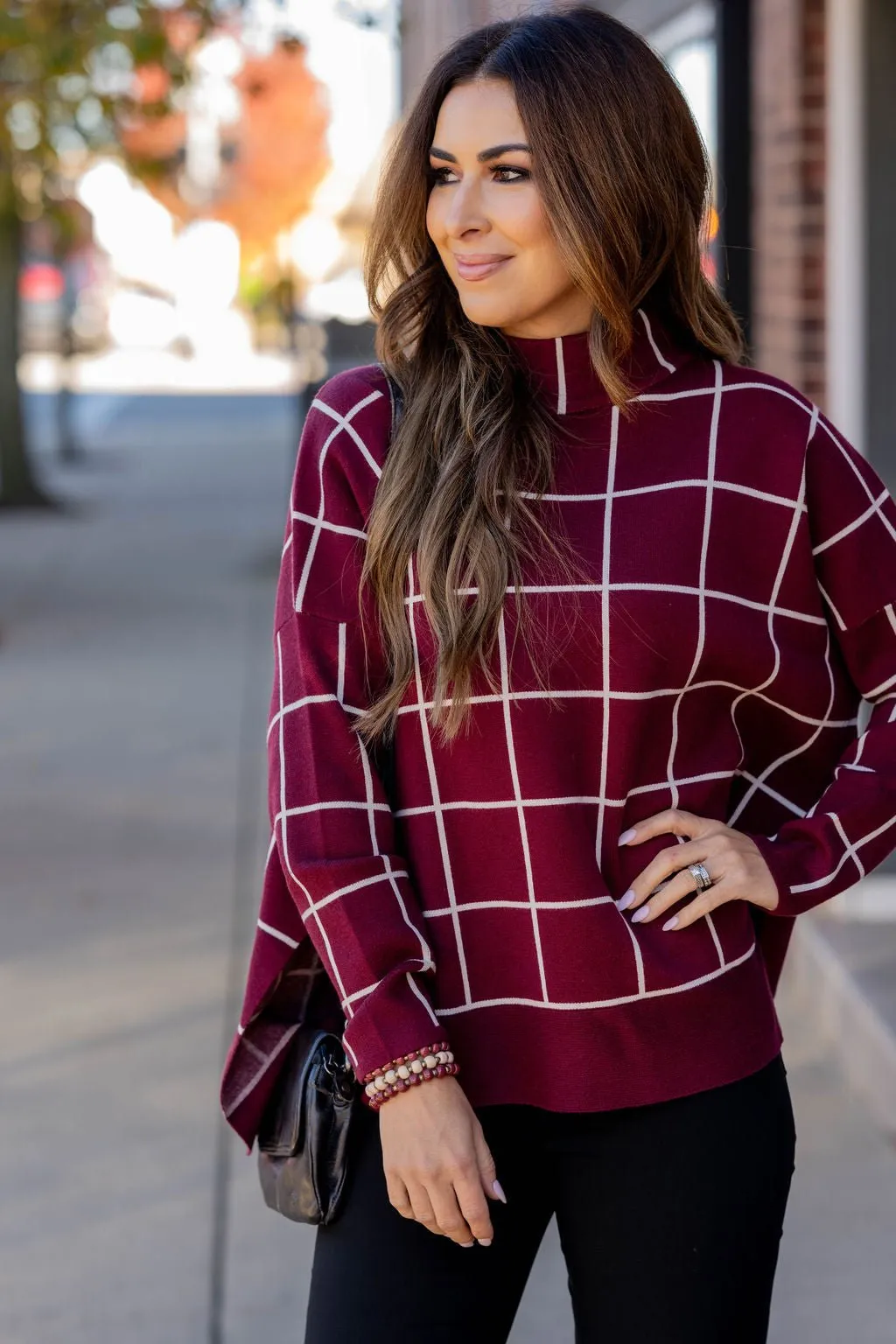 Grid High Low Mock Neck Sweater Tee