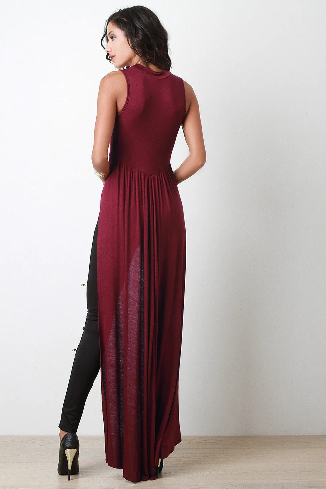 High-Low Sleeveless Mock-Neck Maxi Top