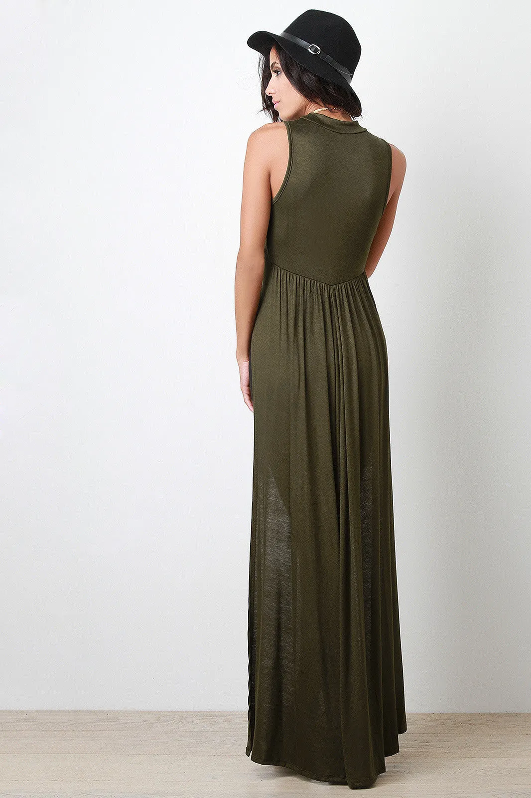 High-Low Sleeveless Mock-Neck Maxi Top