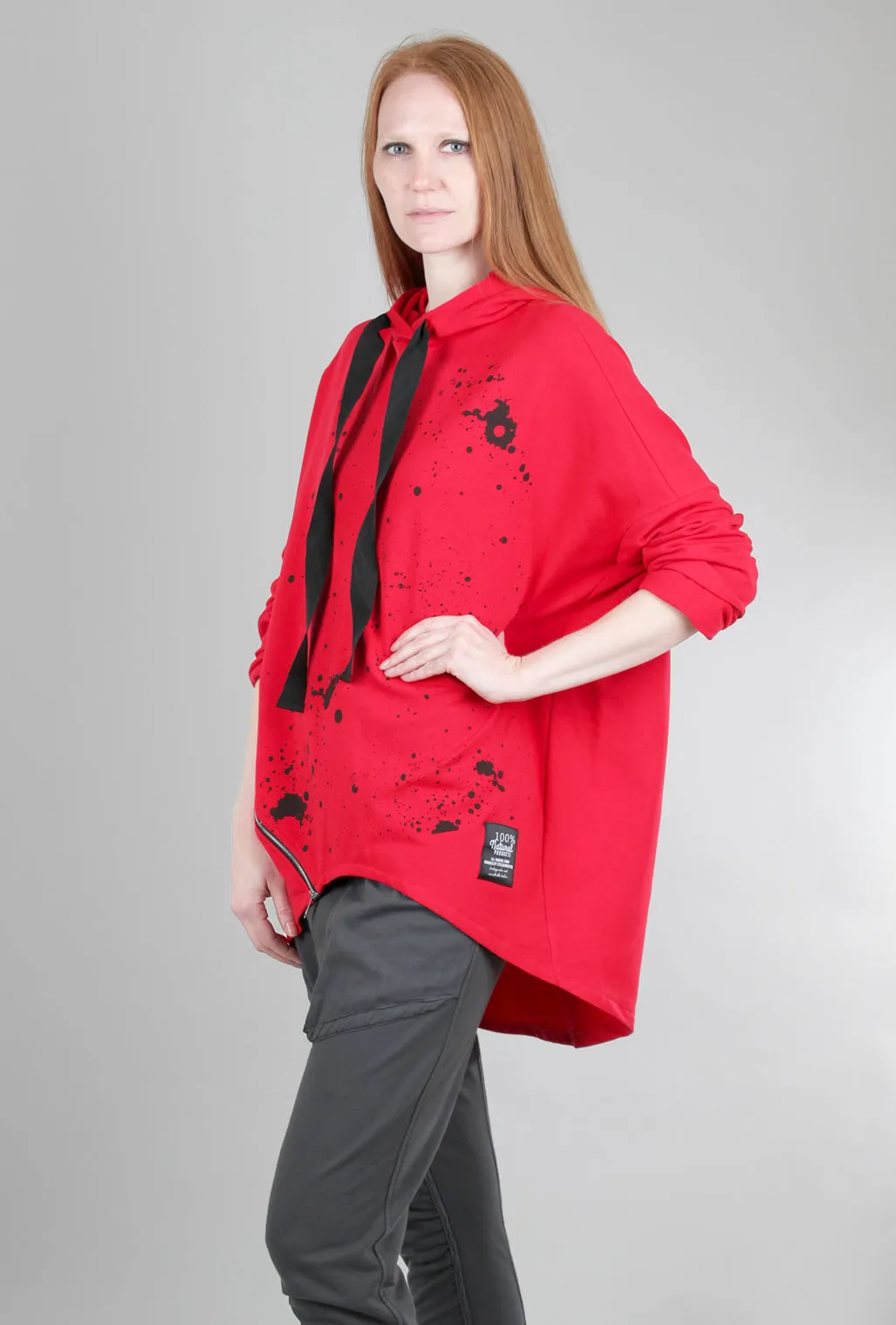 High-Low Splatter Hoodie, Red