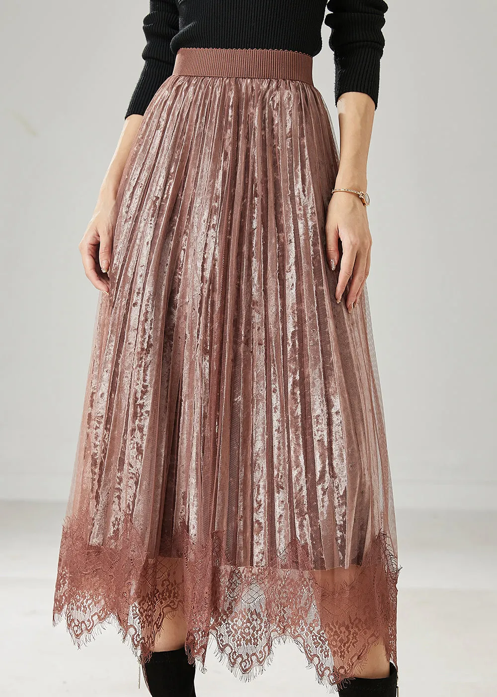 Modern Brown Patchwork Lace Silk Velvet Pleated Skirts Spring AZ1039