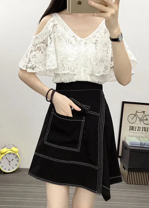 Natural Black Asymmetrical Patchwork Pockets Cotton Skirts Summer