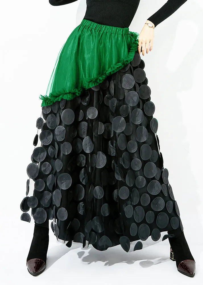 Original Design Green-Black Dot Elastic Waist Patchwork Wrinkled Tulle Skirt Summer LY0874