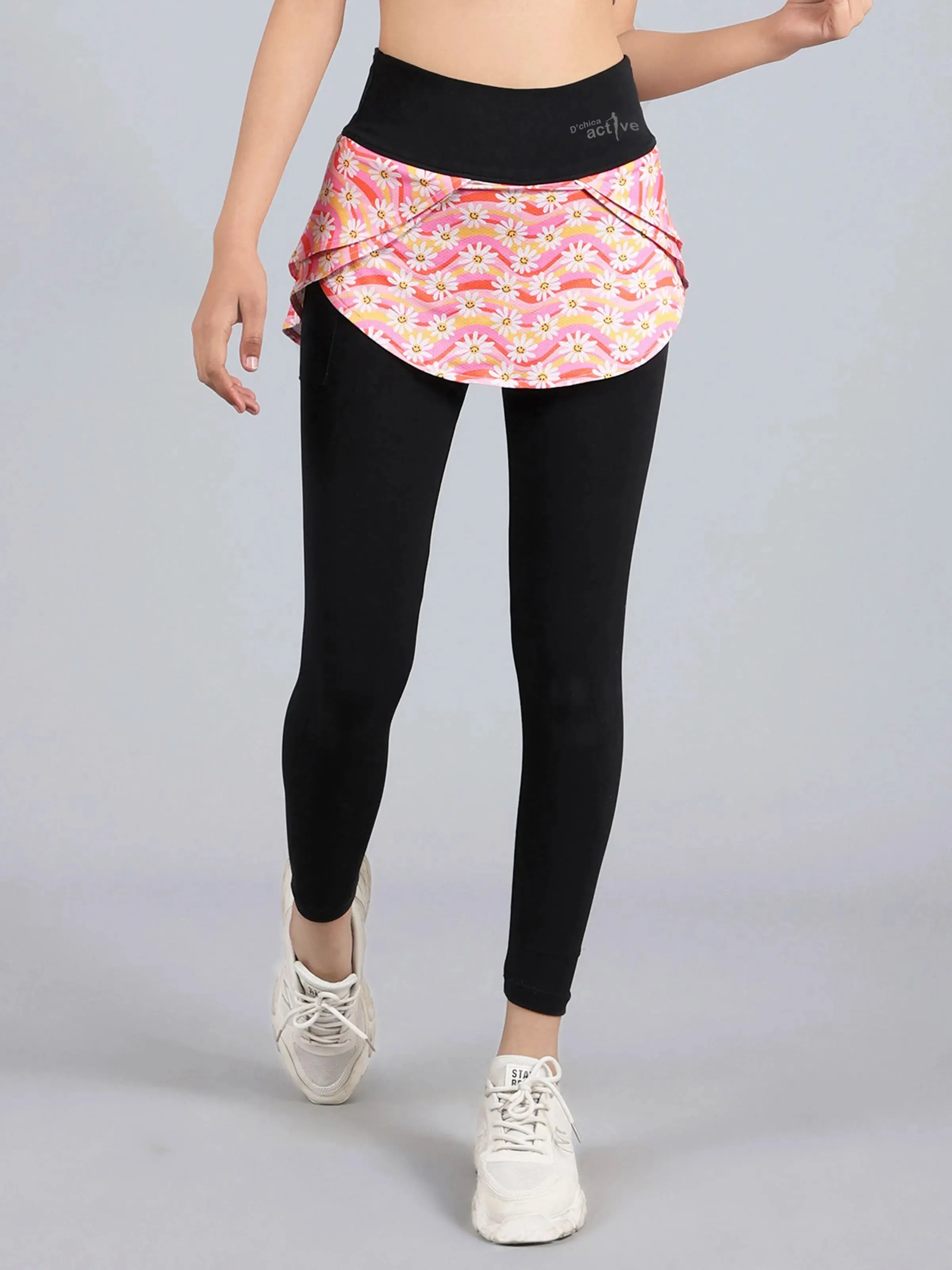 Overlapping Skirt With Leggings With Side Pocket | Flower Print Activewear