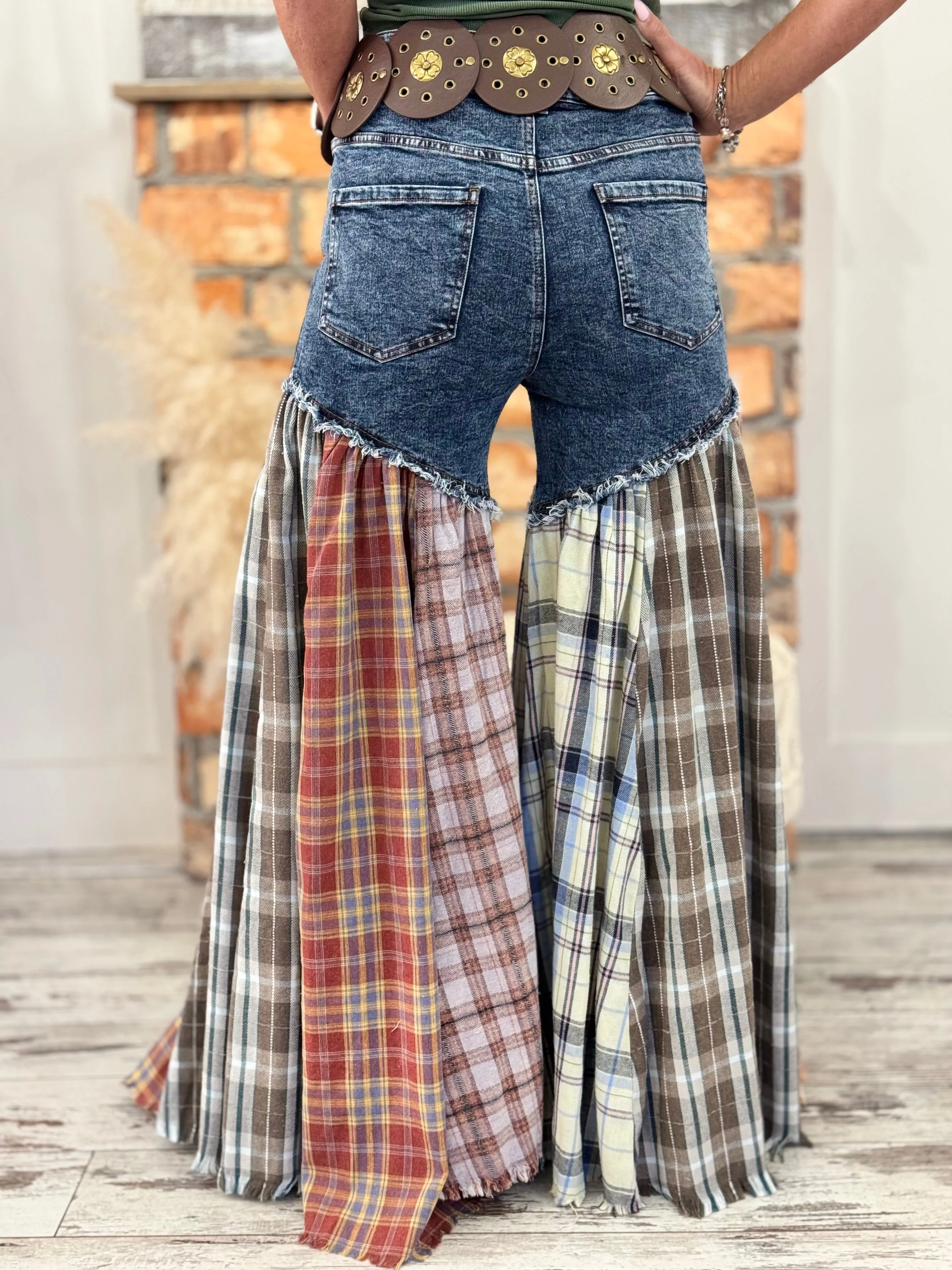 Plaid Patchwork Flare Jeans