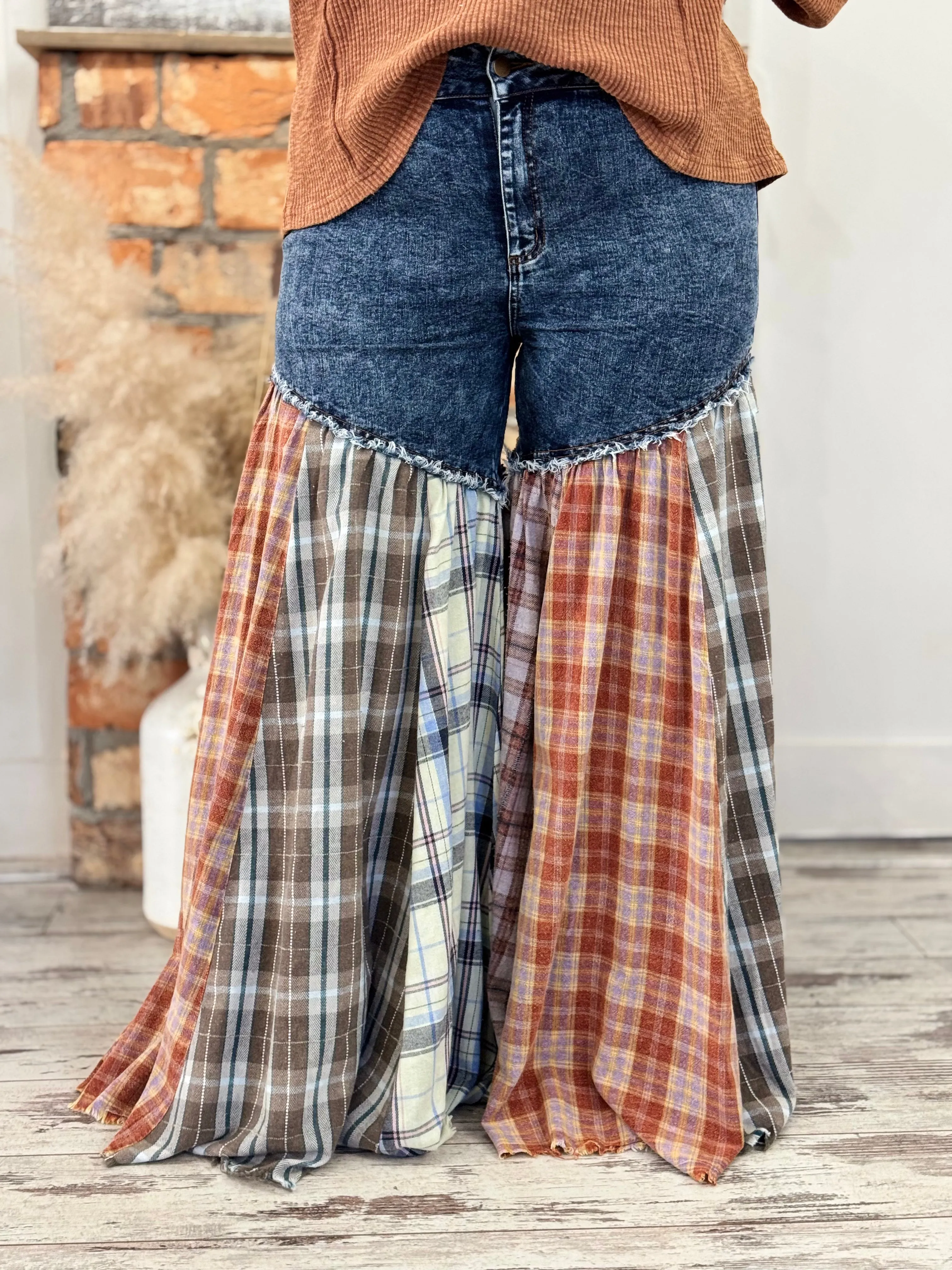 Plaid Patchwork Flare Jeans