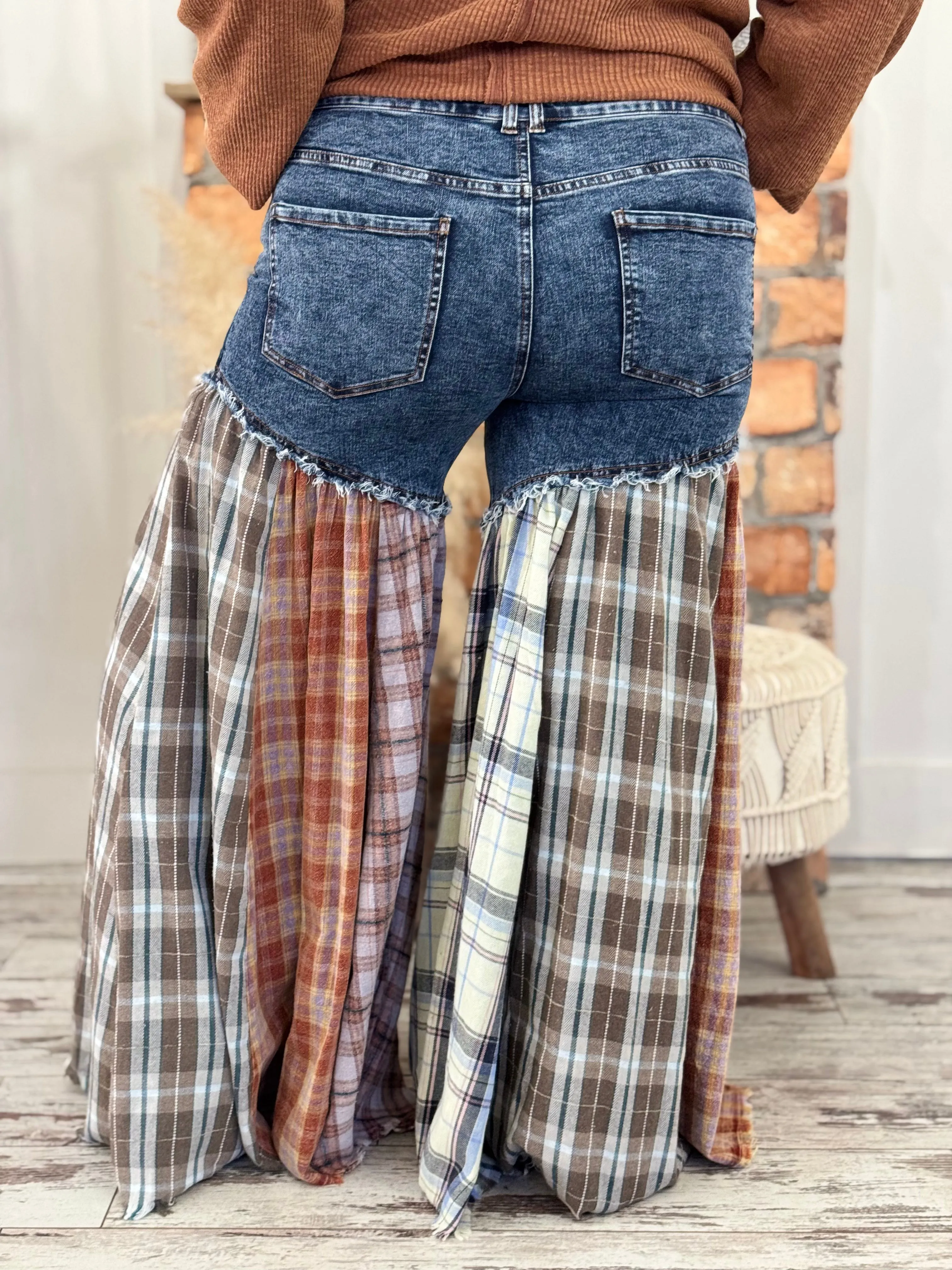 Plaid Patchwork Flare Jeans