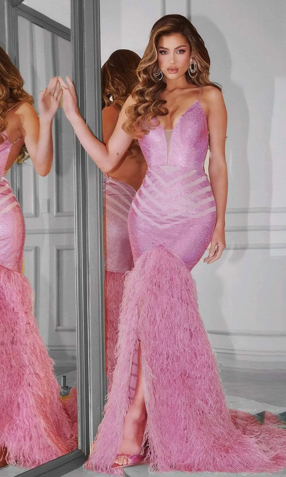 PORTIA & SCARLETT PS22336 Sequin Plunging V-Neck Mermaid Dress with Feather