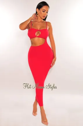 Red Keyhole Ribbed Spaghetti Straps Cut Out Strappy Dress