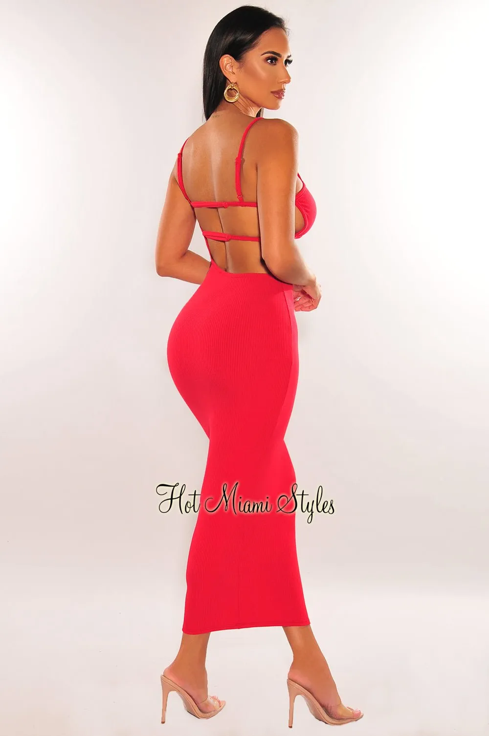 Red Keyhole Ribbed Spaghetti Straps Cut Out Strappy Dress