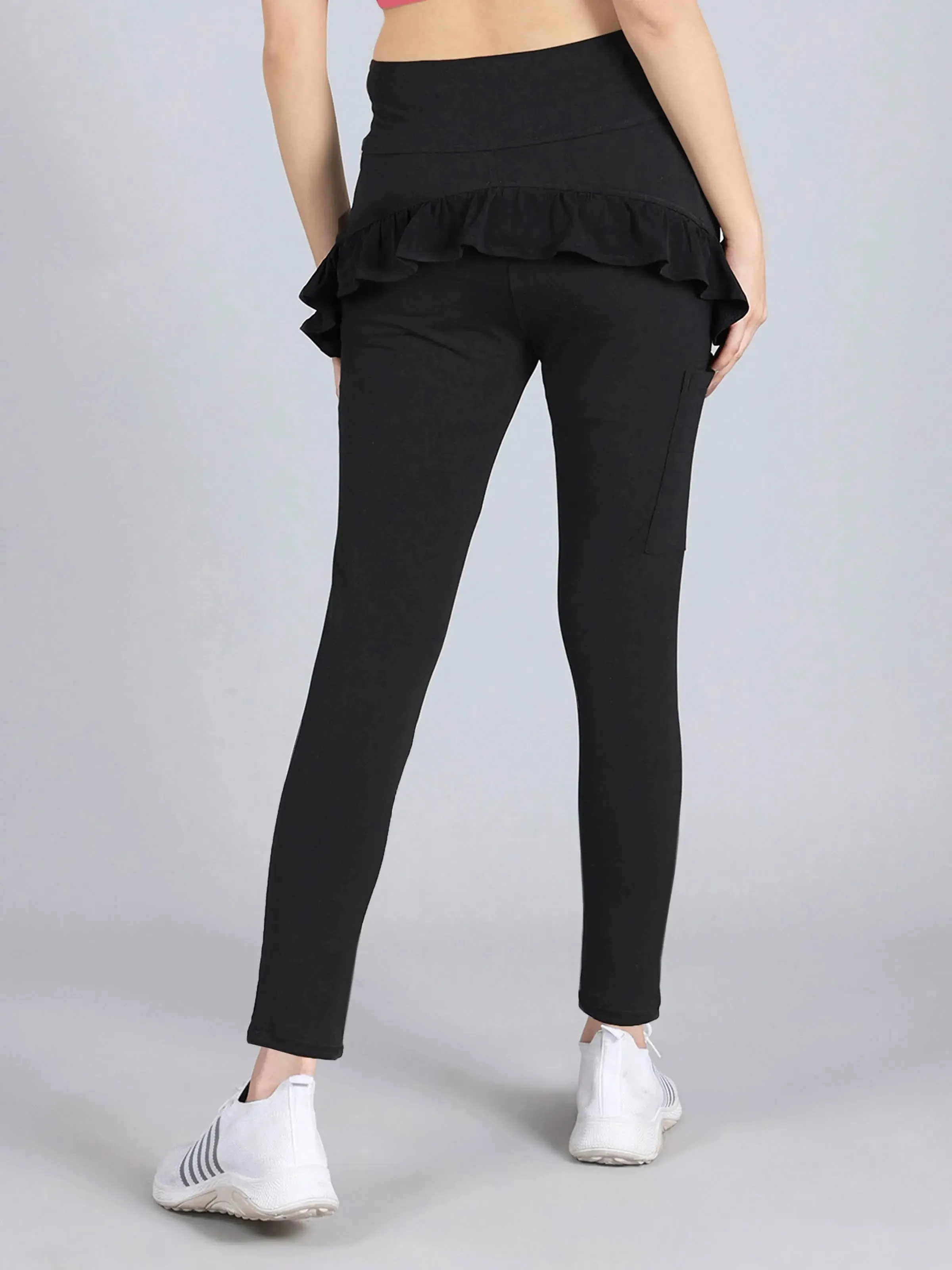 Ruffled Leggings With Side Pocket | Solid Black Activewear