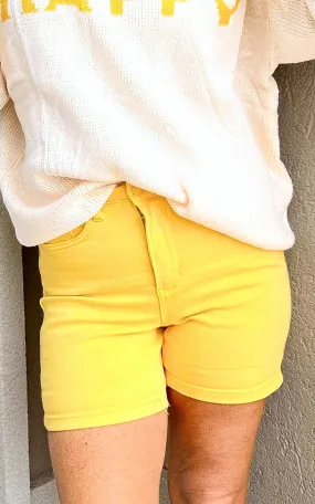 Sunny Yellow High Waist Tummy Control Denim Shorts (REG/CURVY) | JUDY BLUE - Final Sale