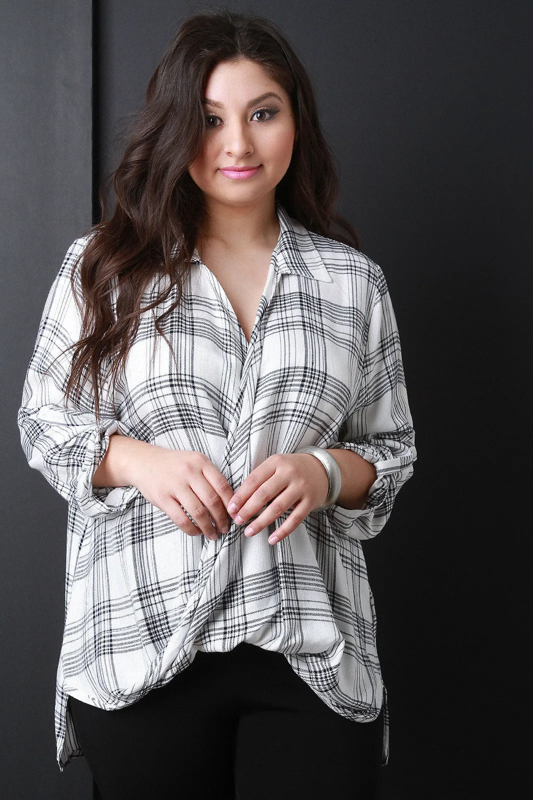 Surplice Plaid High-Low Top