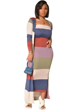 Two Piece Stripe Ribbed & Cardigan