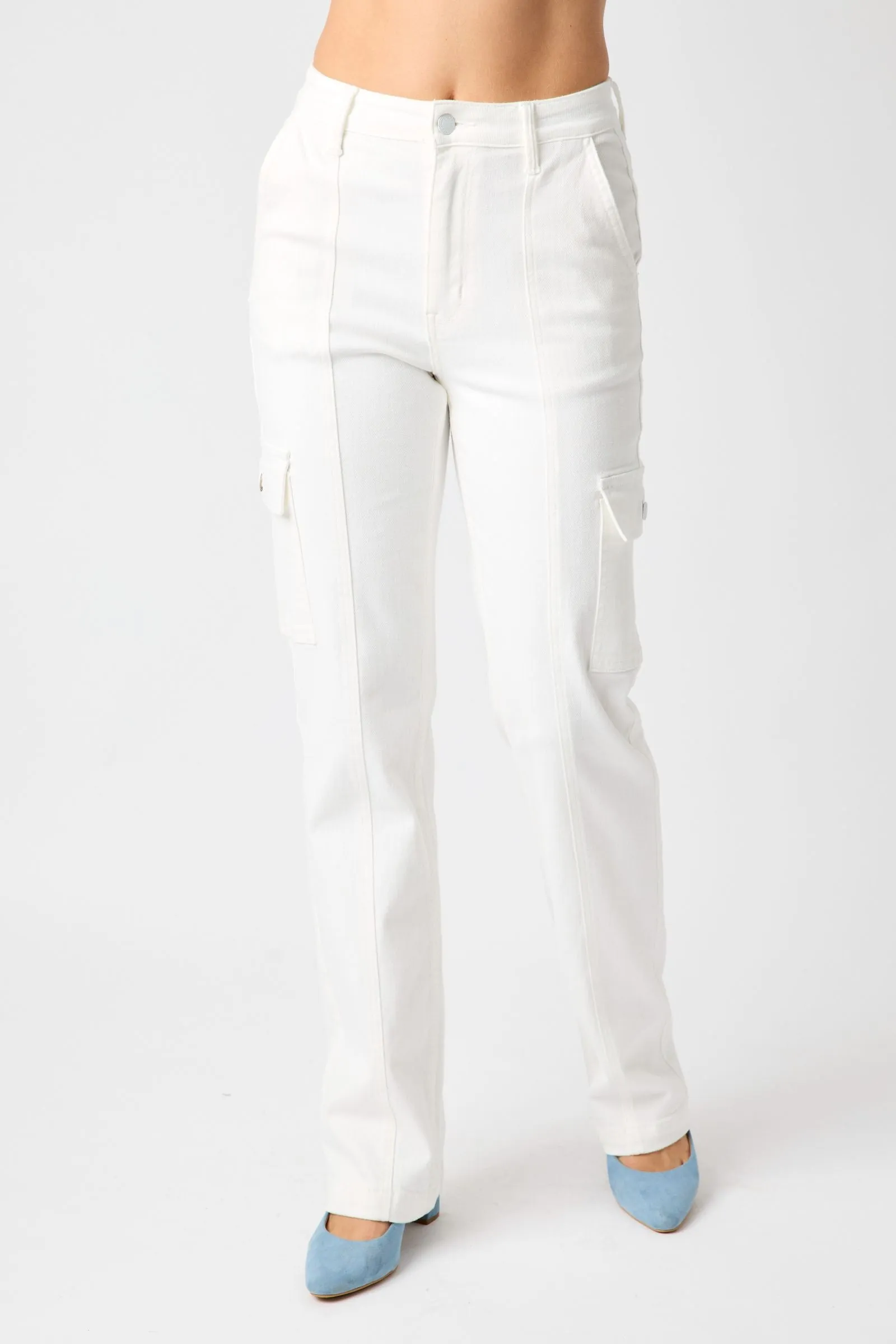 White High Waist Cargo Straight Denim