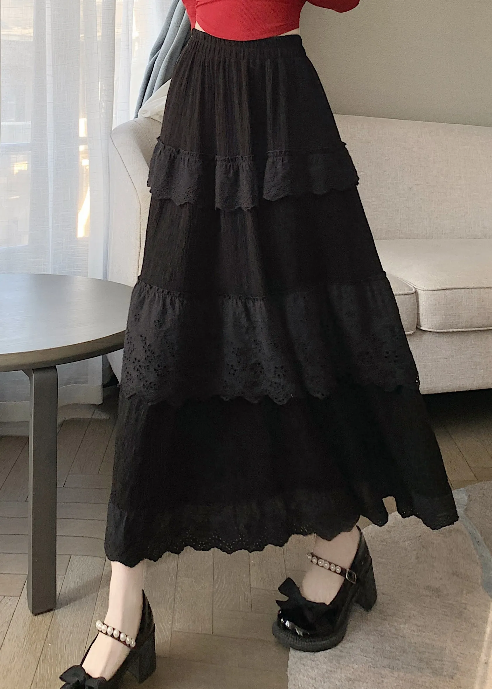 Women Black High Waist Patchwork Cotton Skirts Summer QQ1061