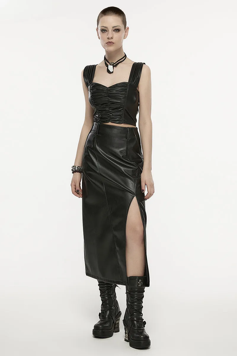 Women's A-line High Waist Split Faux Leather Daily Fashion Female Black Skirt