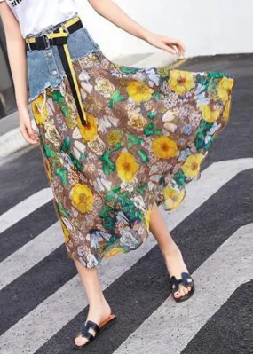 Yellow Print Chiffon Skirts Patchwork Denim Summer